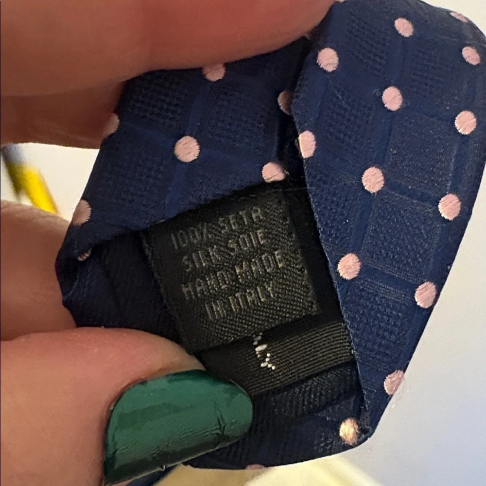 Barneys New York Blue With Pink Polka Dot Windowpane Design Silk Necktie Tie